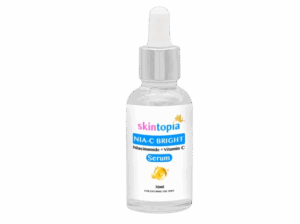 blue product called Nia C Bright serum behind a transparent background from skintopia