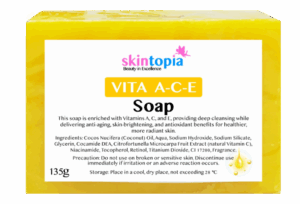 yellow soap called vita A-C-E behind a transparent background from skintopia