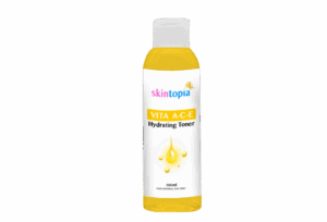 a yellow toner called vita A-C-E behind a transparent background from skintopia