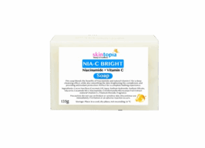 blue product called Nia C Bright soap behind a transparent background from skintopia