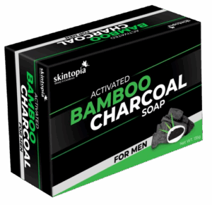 Skintopia's Charcoal Soap that is inside a box called Activated Bamboo Charcoal Soap