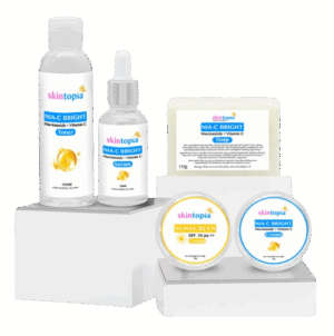 Skintopia's Set including toner, creams, soap and serum called Nia C bright Set